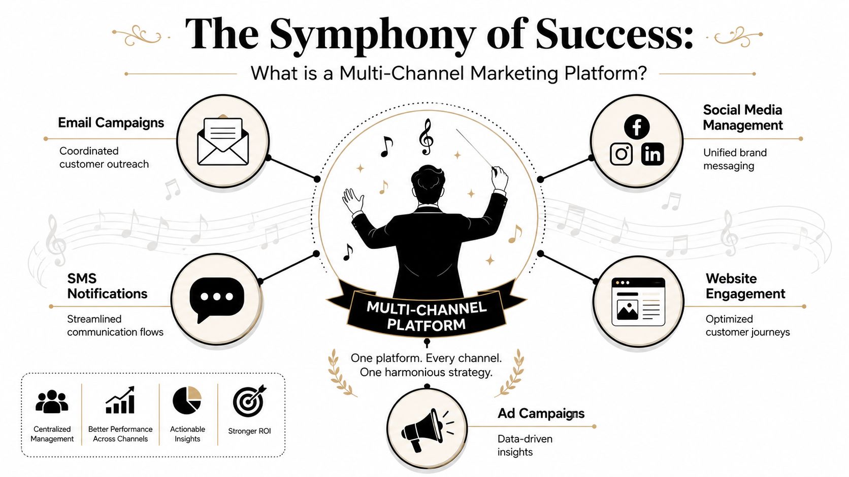 An infographic illustrating a multi-channel marketing platform, showing various integrated channels managed by a central conductor.