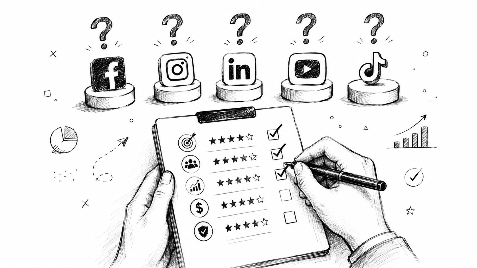 A hand filling out a checklist evaluating different social media platforms for a marketing strategy.