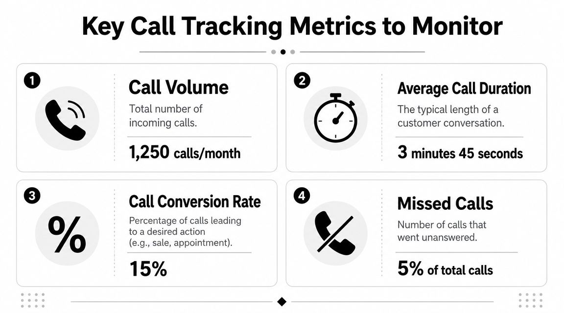 An infographic showing four key call tracking metrics including call volume, average duration, conversion rate, and missed calls.