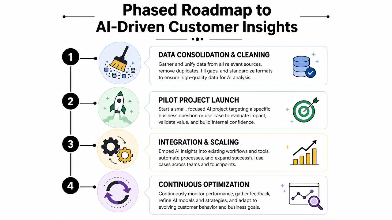 A four-step roadmap graphic detailing the phased process for implementing AI-driven customer insights in business.
