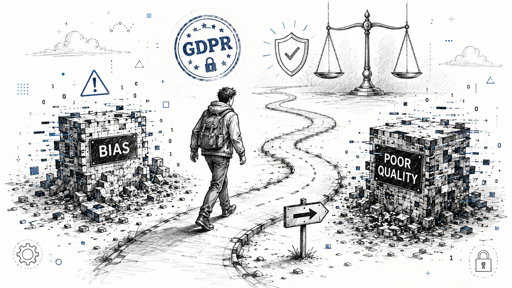 A person walking down a path between blocks labeled bias and poor quality, illustrating AI compliance challenges.