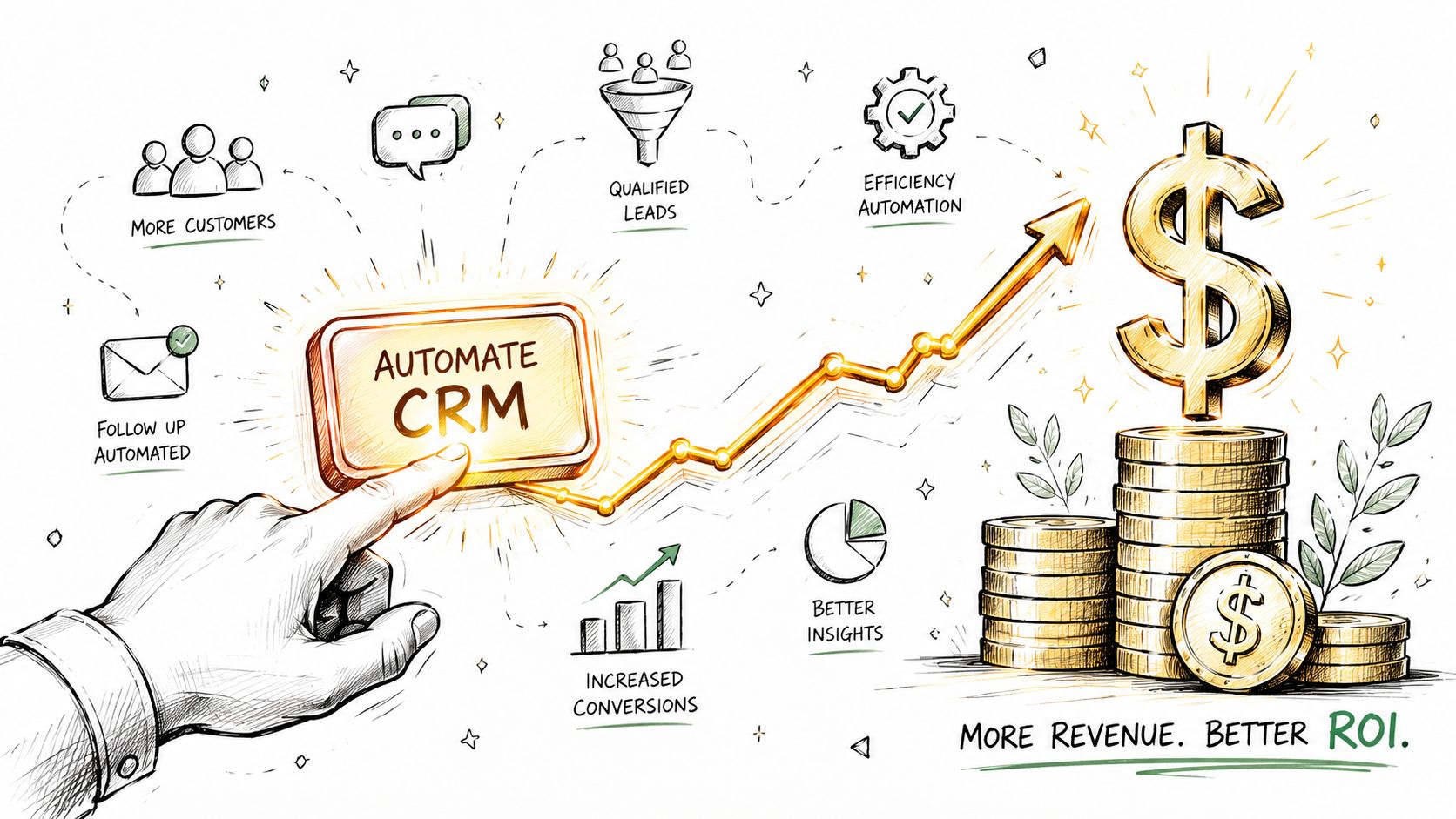 A hand pressing an Automate CRM button, leading to increased conversions, efficiency, and higher financial revenue.