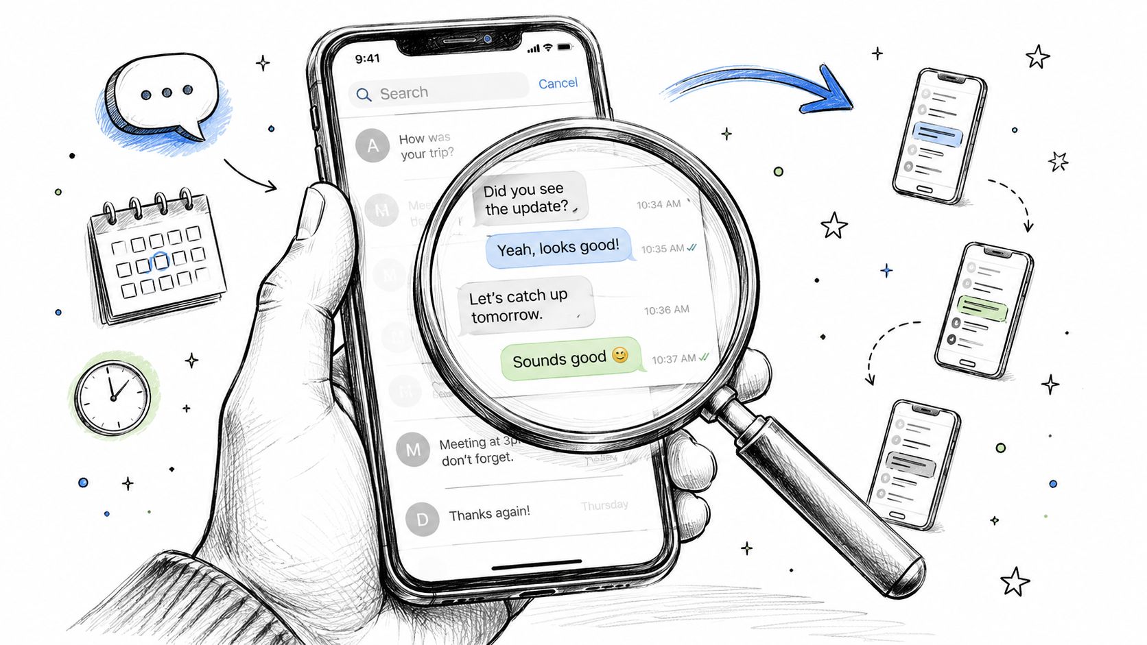 A hand holds a smartphone displaying a text message history through a magnifying glass sketch.