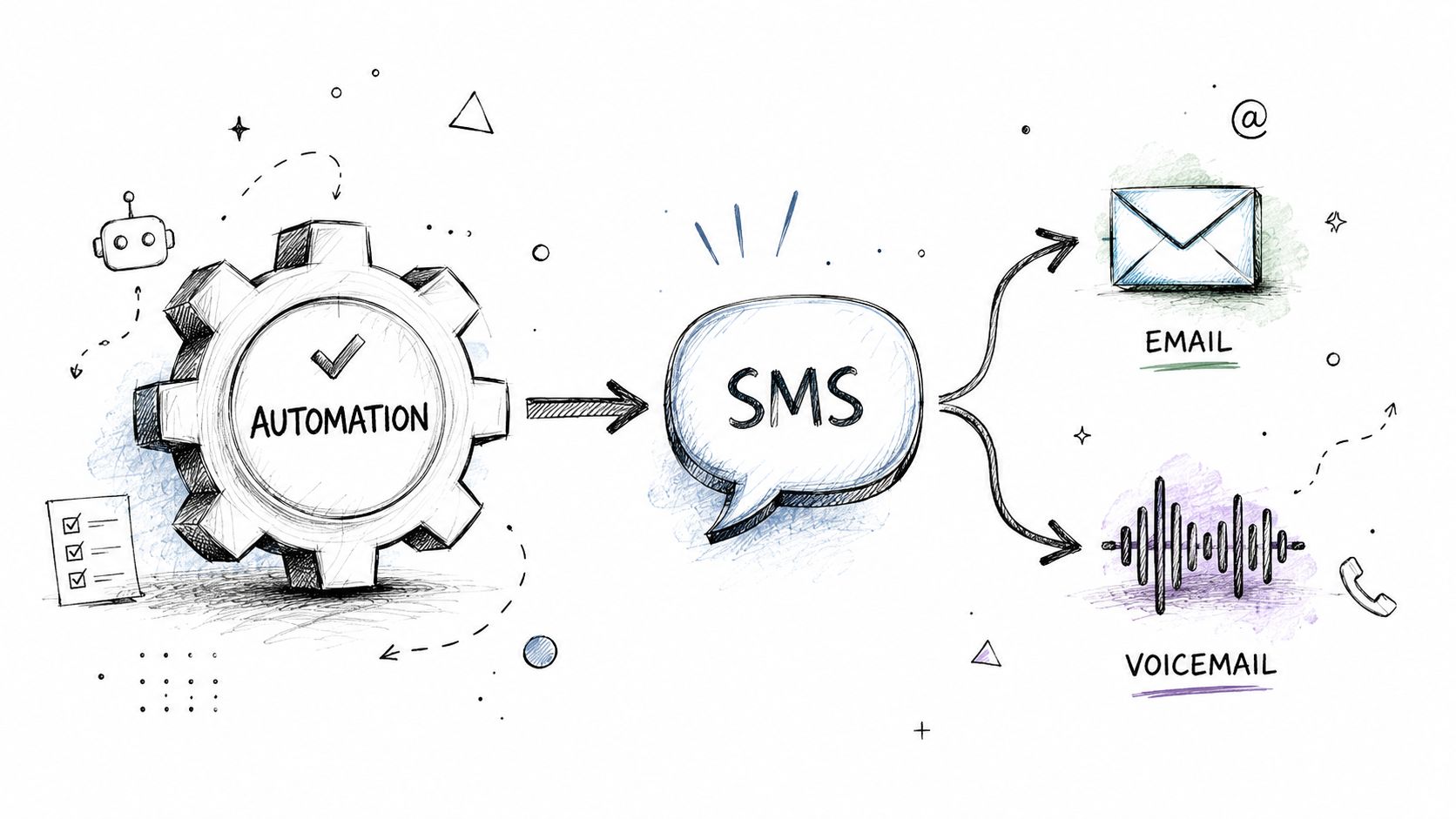 A hand-drawn illustration showing an automation gear process connecting to SMS, email, and voicemail communication channels.