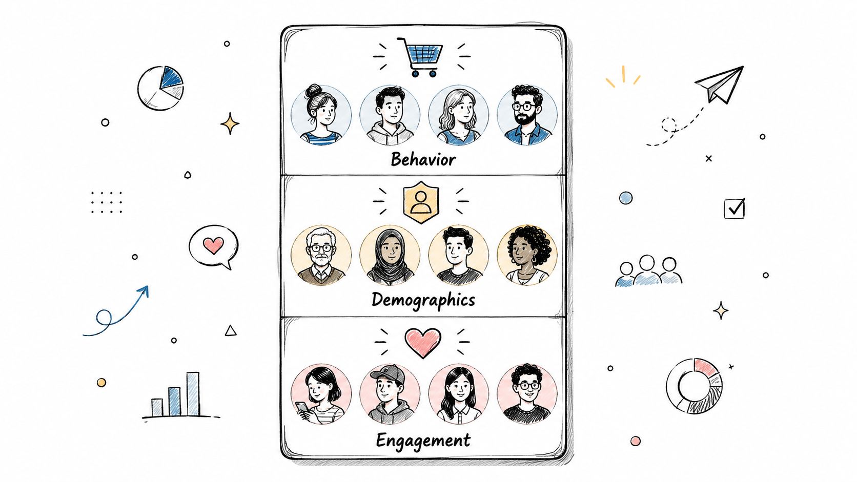 A hand-drawn illustration showing consumer segments categorized by behavior, demographics, and engagement in a mobile interface.