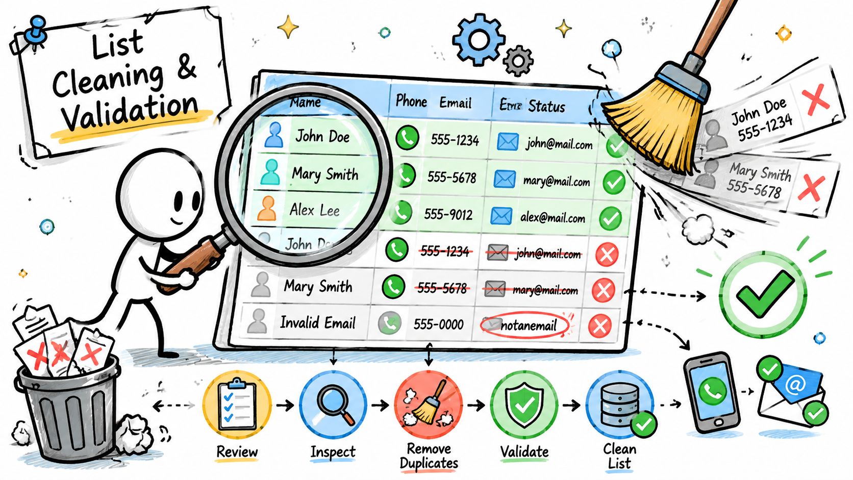 A stick figure uses a magnifying glass to inspect and clean a data list for validation.