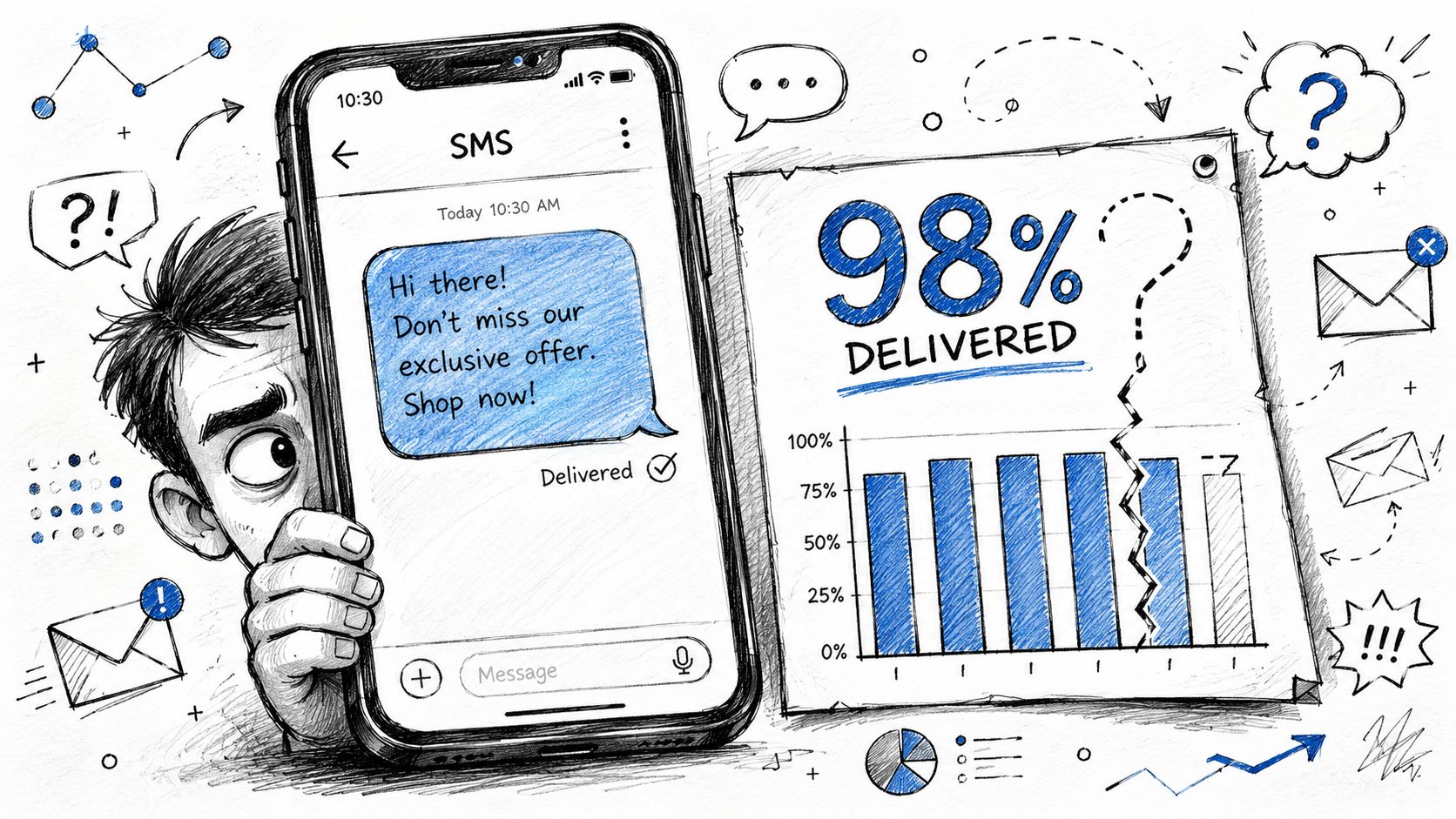 A hand-drawn illustration showing a person looking at a smartphone displaying an SMS and a 98% delivery rate chart.
