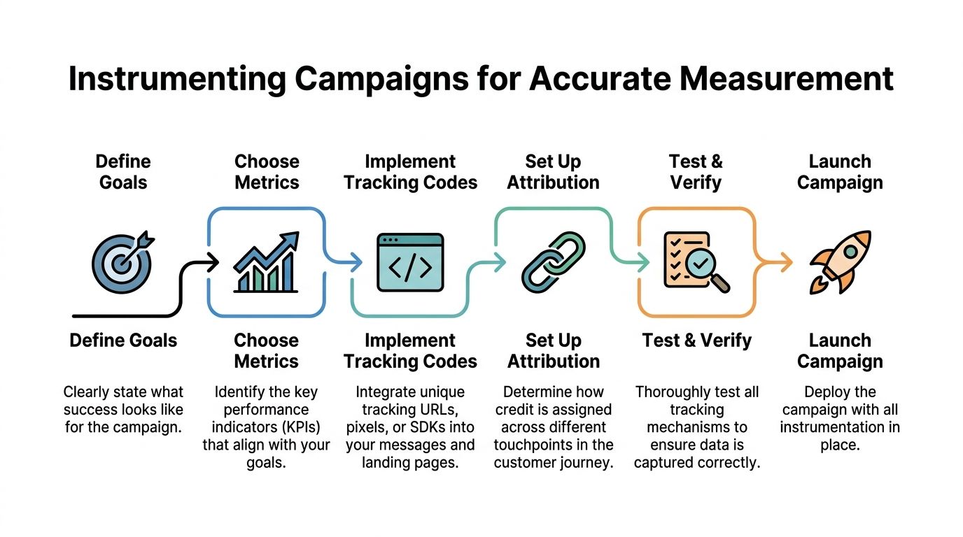 A six-step infographic illustrating the process of instrumenting marketing campaigns for accurate performance measurement and tracking.