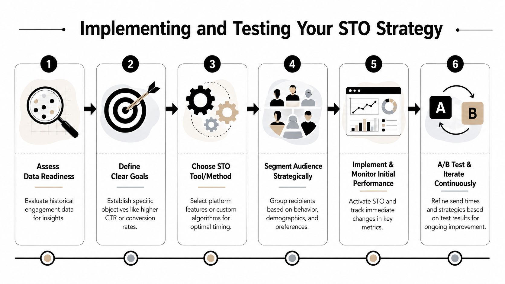 A flowchart showing six steps for implementing and testing a send time optimization strategy in digital marketing.