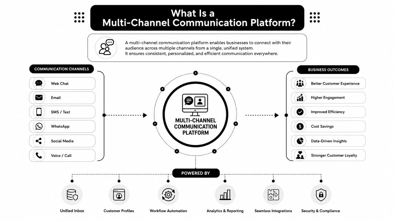 An infographic explaining how a multi-channel communication platform connects businesses with customers across various digital channels.
