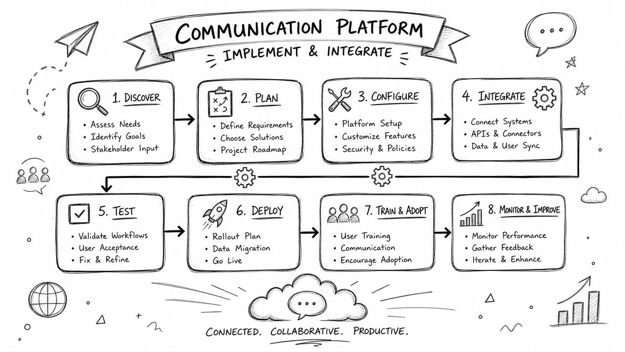 A hand-drawn flowchart illustrating the eight steps to implement and integrate a professional communication platform.