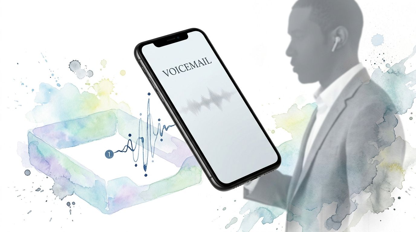 A businessman in a suit listening to a voicemail on a smartphone with abstract watercolor elements.