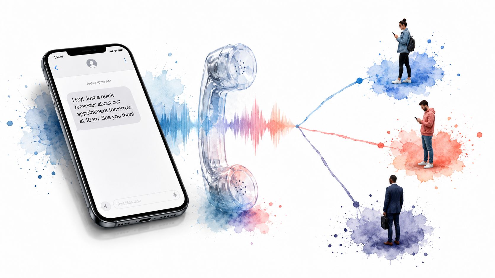 A smartphone sending appointment reminders to three different people through a transparent telephone receiver connection.