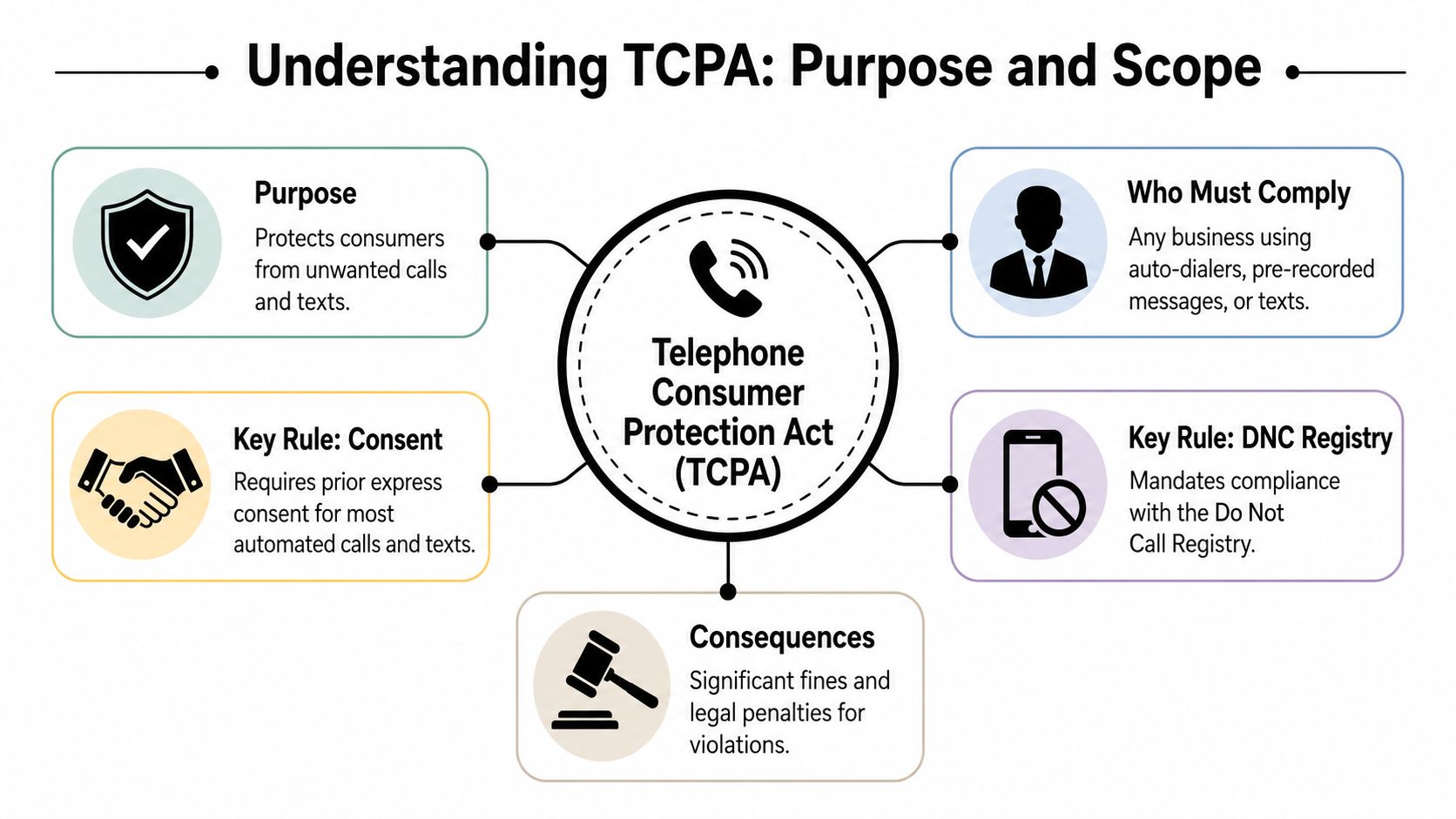 An infographic explaining the Telephone Consumer Protection Act covering its purpose, rules, and legal compliance requirements.
