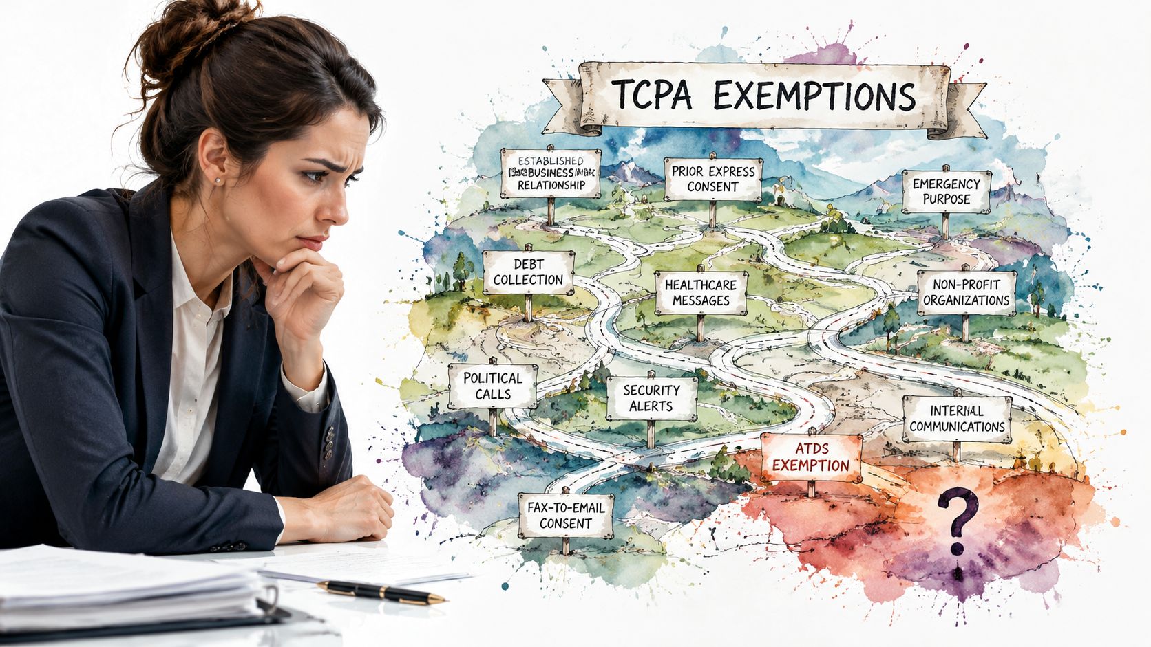 A professional woman looking at a watercolor illustration of a roadmap explaining TCPA exemptions and compliance topics.