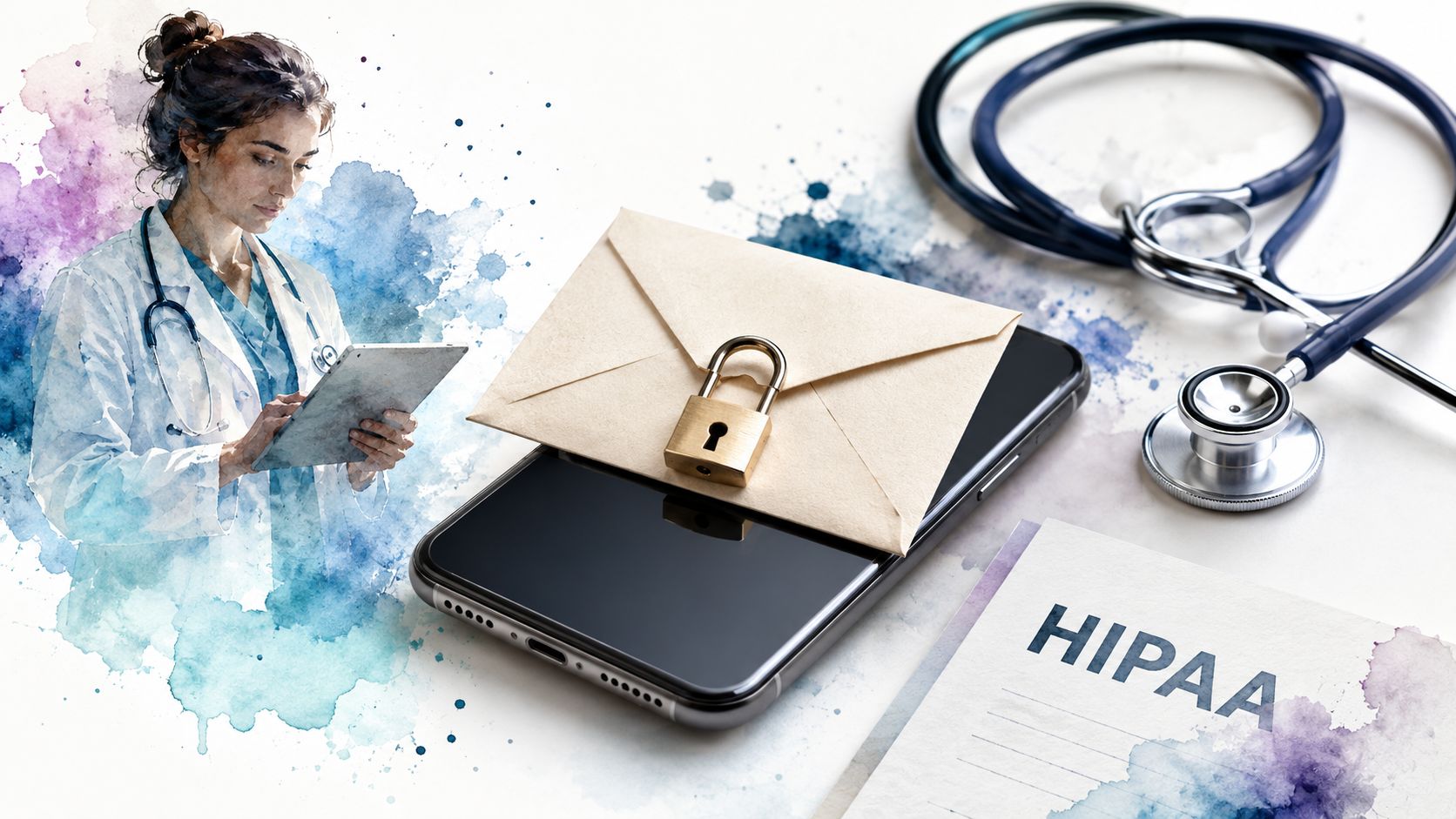 A healthcare professional using a tablet next to a phone with a locked envelope and stethoscope, symbolizing secure communication.