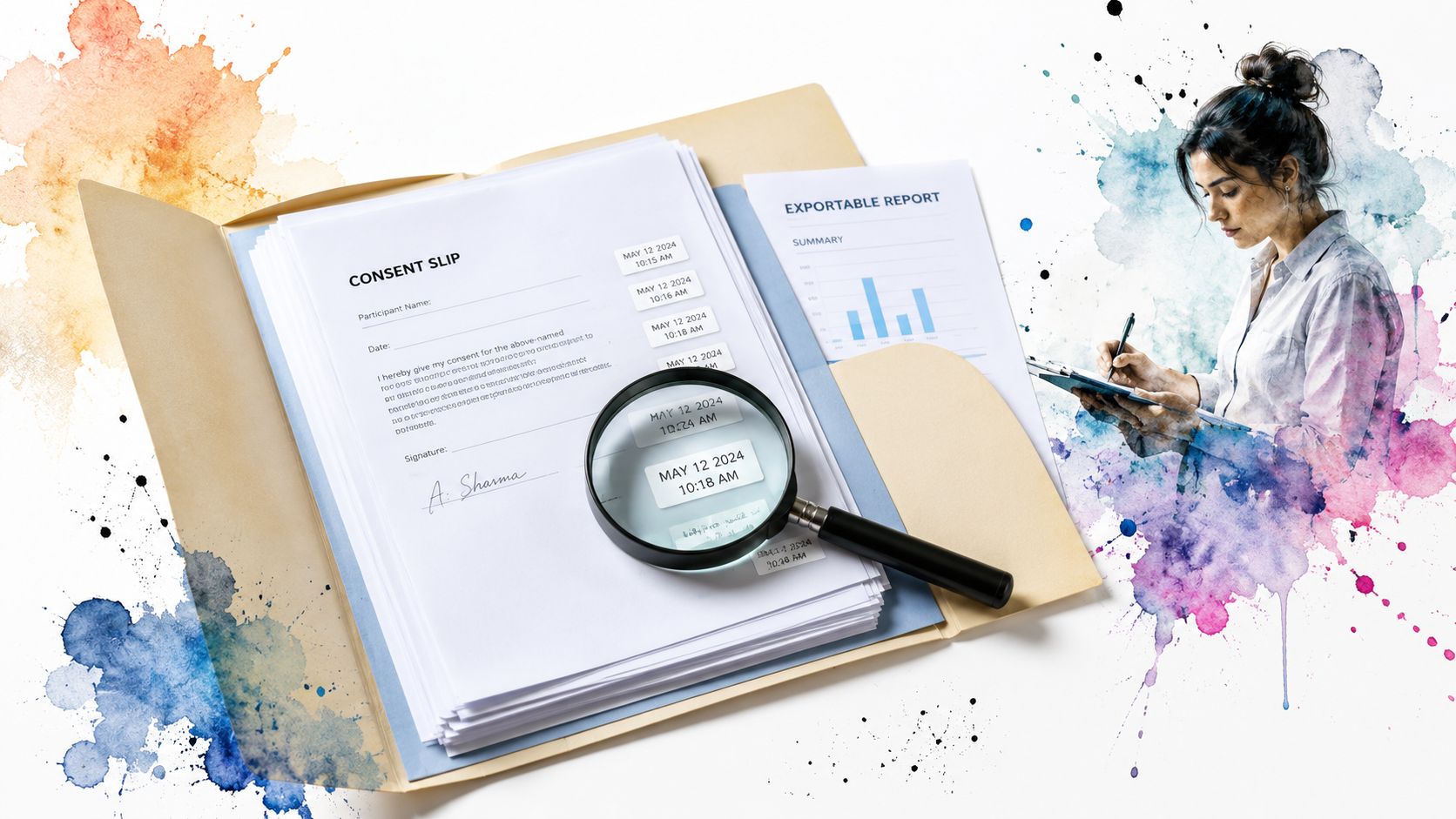 A professional folder with a consent slip and magnifier, next to a woman reviewing documents.
