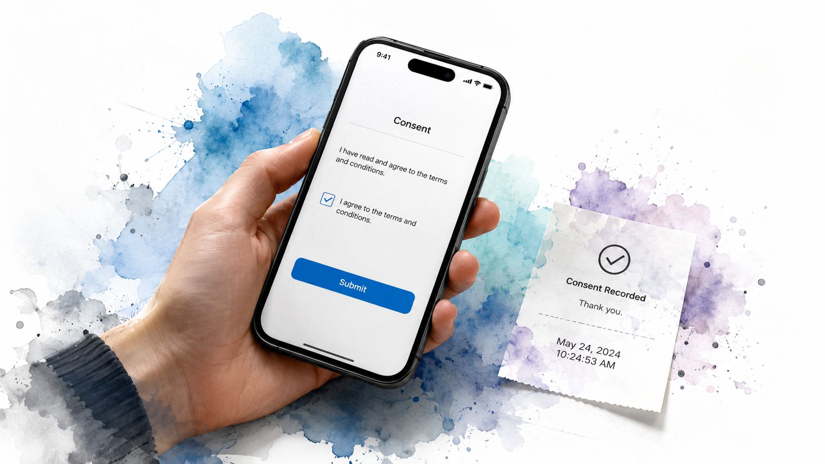 A hand holding a smartphone showing a digital consent form next to a printed paper receipt.