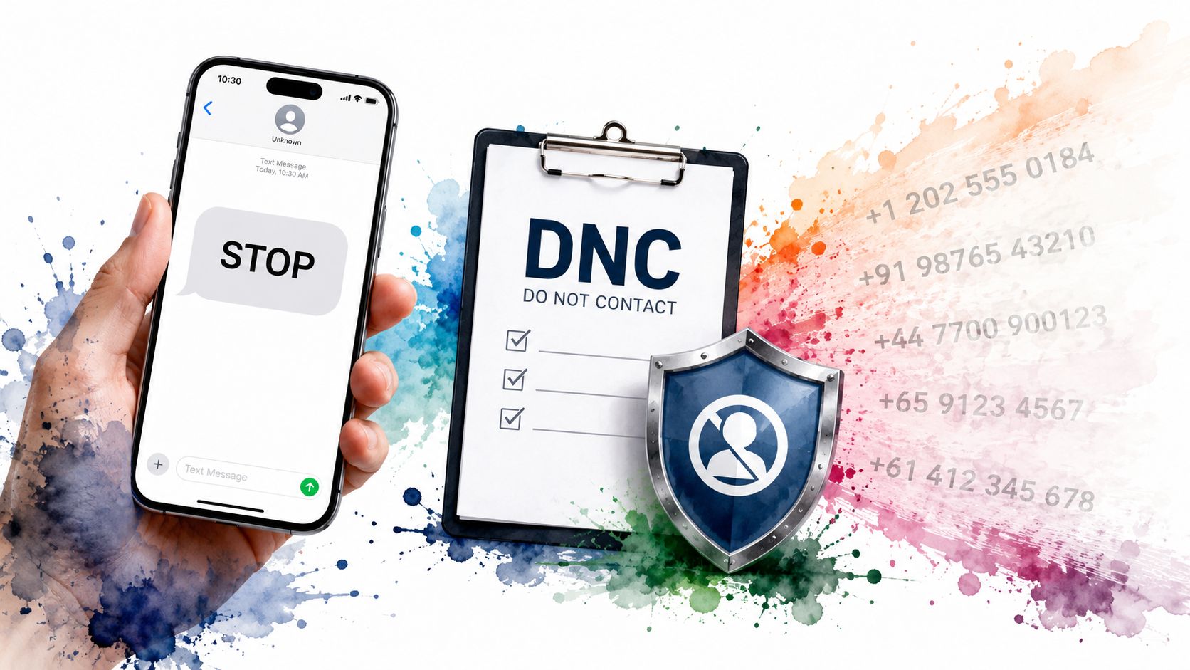 A hand holds a smartphone displaying a STOP text message near a DNC compliance checklist and shield.