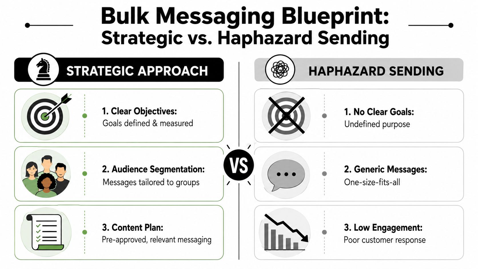 A comparison chart showing the differences between a strategic approach and haphazard sending for bulk messaging campaigns.