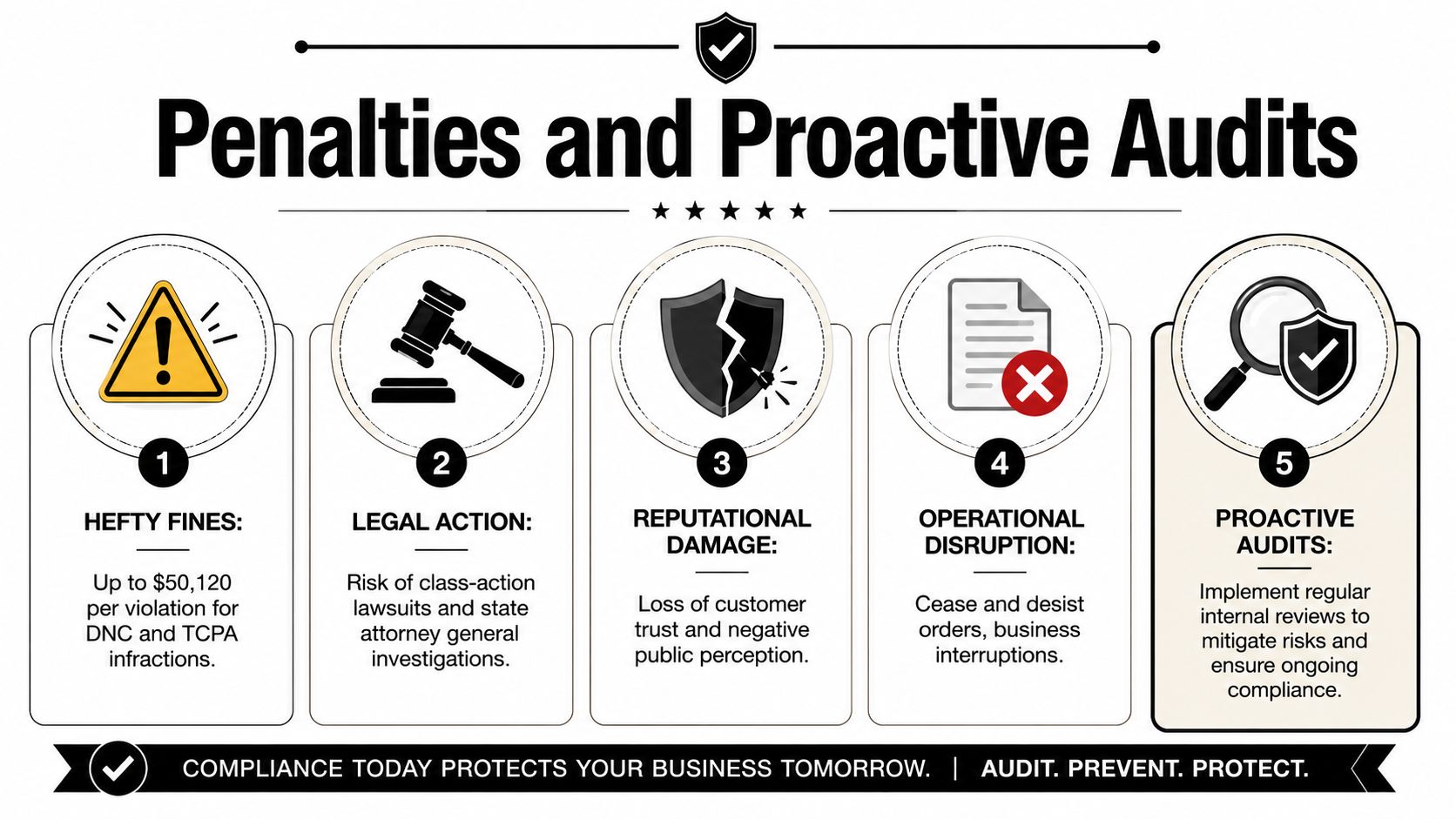 An infographic detailing penalties for non-compliance and the importance of proactive audits for business protection.