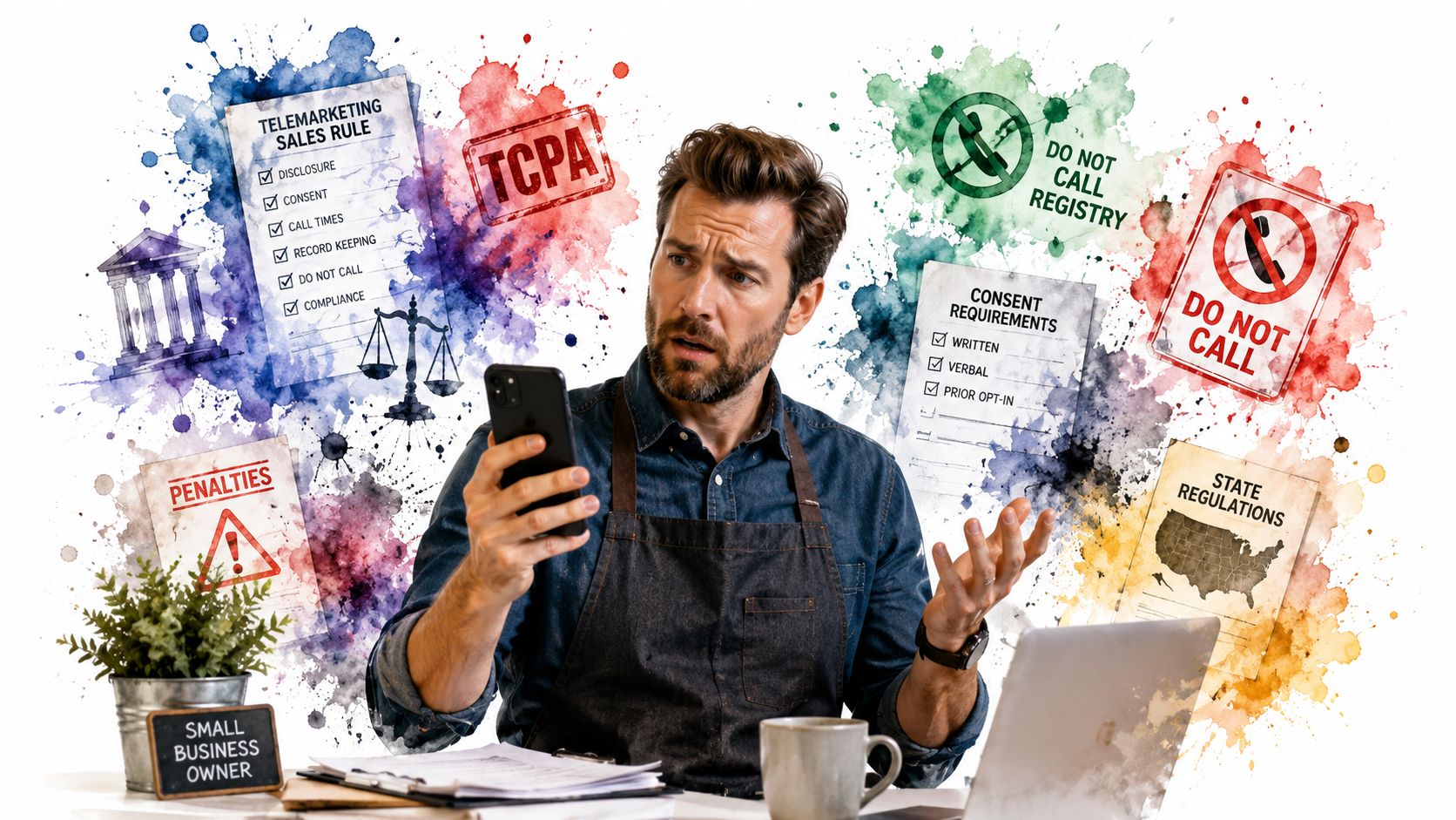 A confused small business owner looking at a phone surrounded by telemarketing compliance regulations and legal icons.