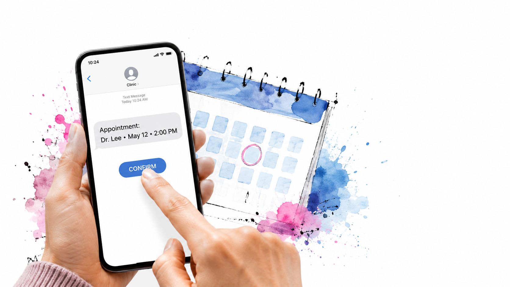 A person using a smartphone to confirm a medical appointment with Dr. Lee on May 12th.