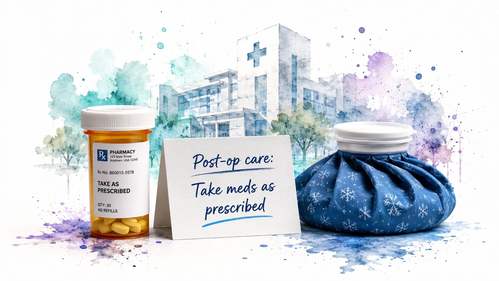 A medicine bottle, a sign saying post-op care, and an ice pack representing surgical recovery instructions.