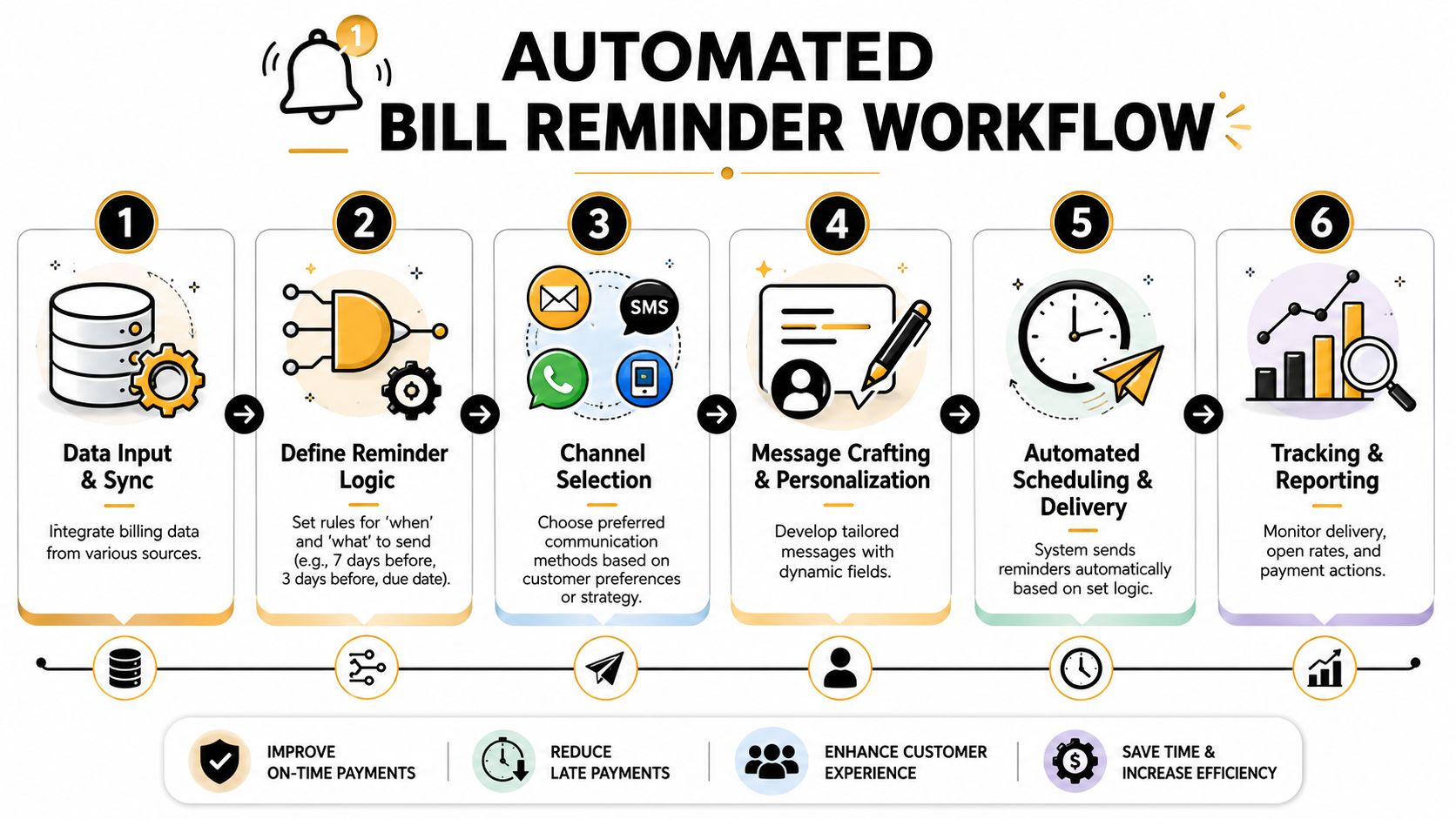 A six-step infographic illustrating the automated workflow process for sending professional bill payment reminders to customers.