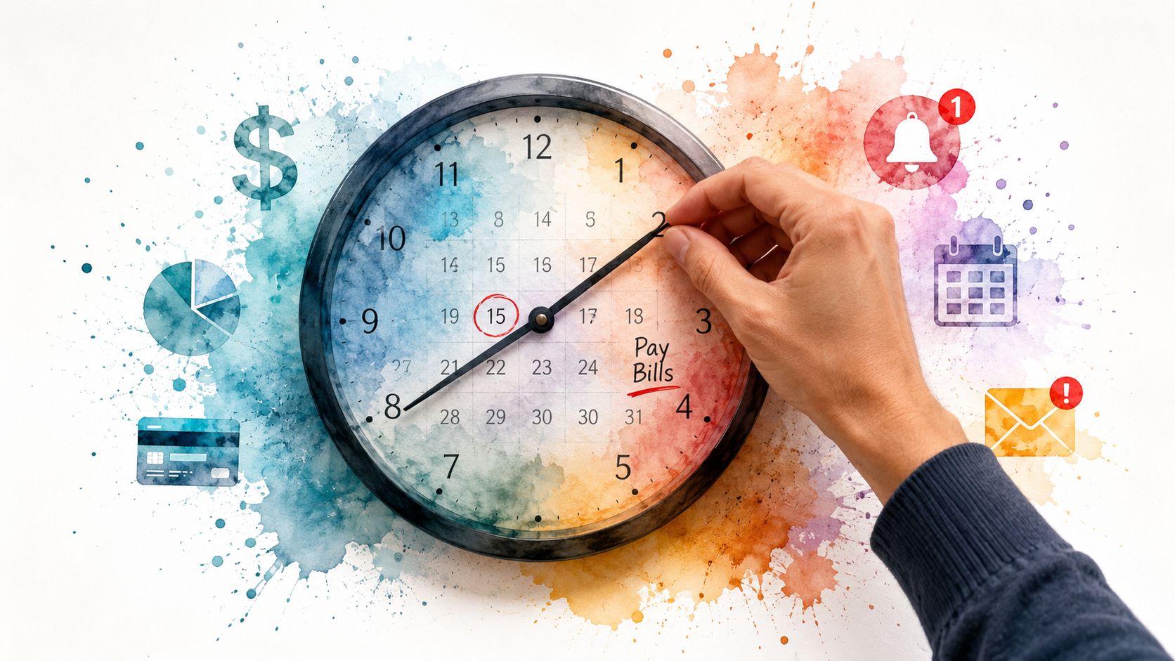 A hand adjusts a clock face overlaid with a calendar grid highlighting a bill payment deadline.