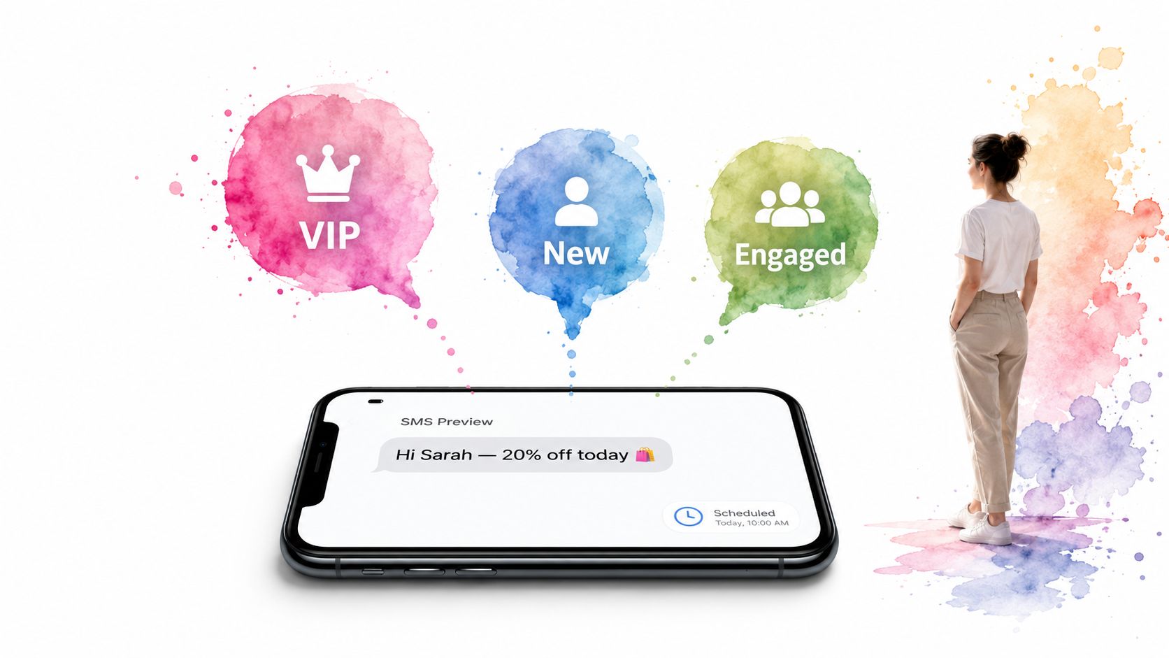 An illustration showing customer segments and a mobile phone previewing a personalized SMS marketing campaign message.