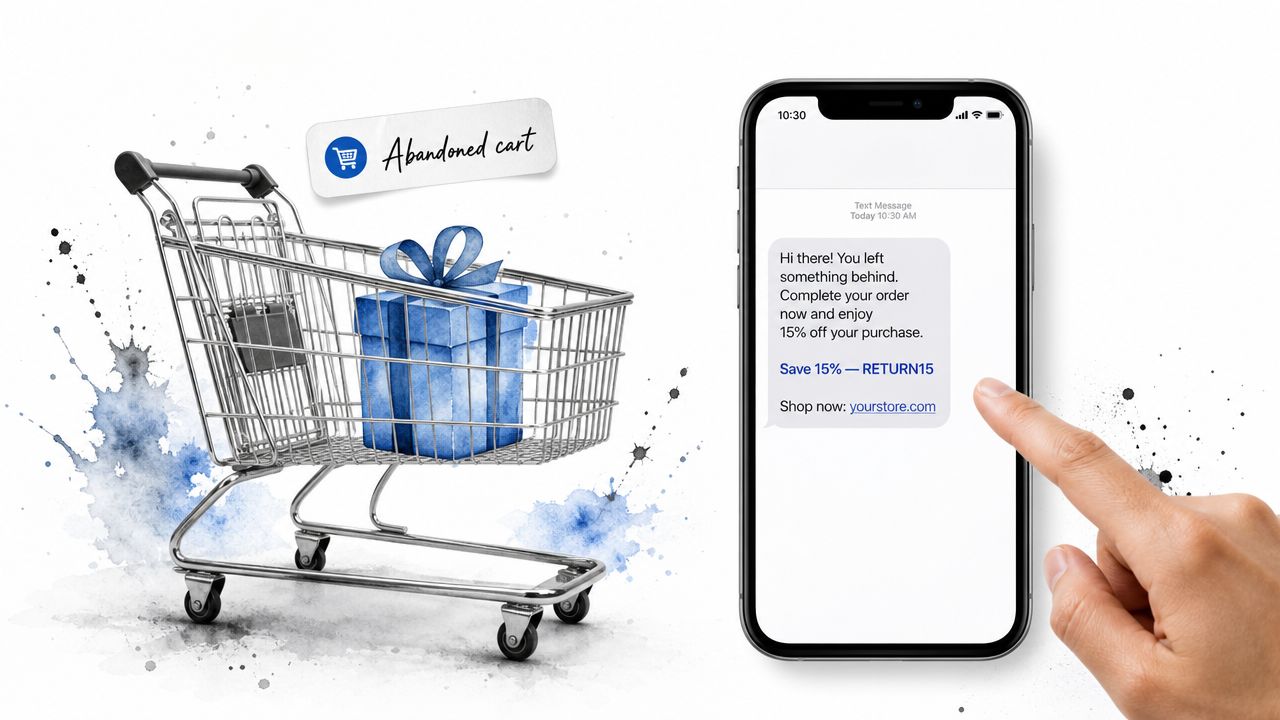 A shopping cart with a gift box next to a smartphone displaying an abandoned cart recovery text message.