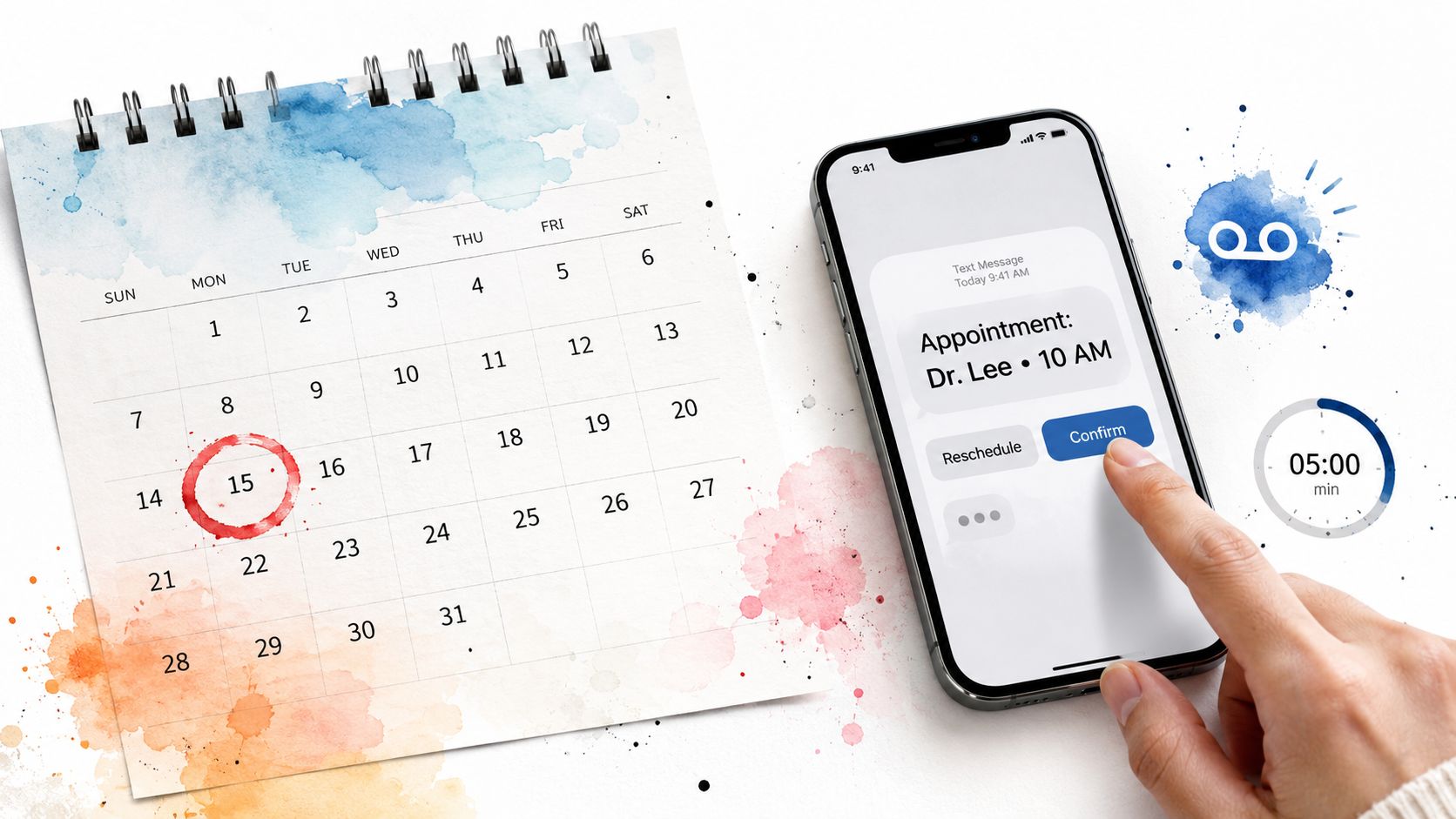 A hand confirming a doctor appointment on a smartphone next to a calendar with the fifteenth circled.