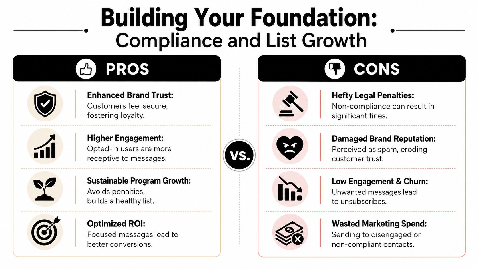 A comparison chart showing the pros and cons of compliance and list growth for marketing strategies.