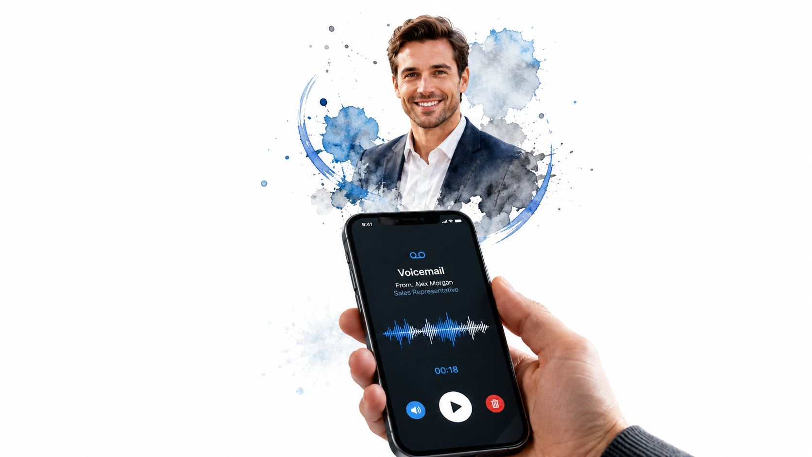 A person holding a smartphone displaying a voicemail from a sales representative named Alex Morgan.
