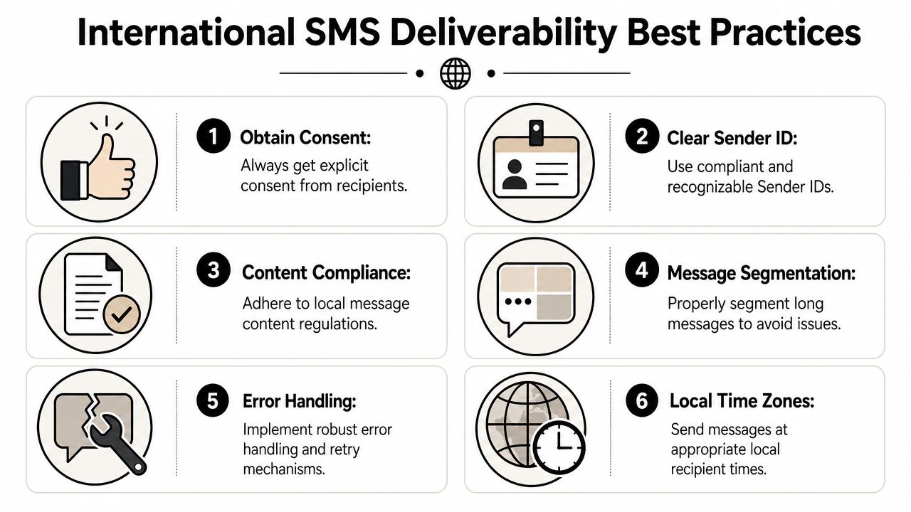 A graphic illustration detailing six essential best practices for improving international SMS messaging deliverability for businesses.