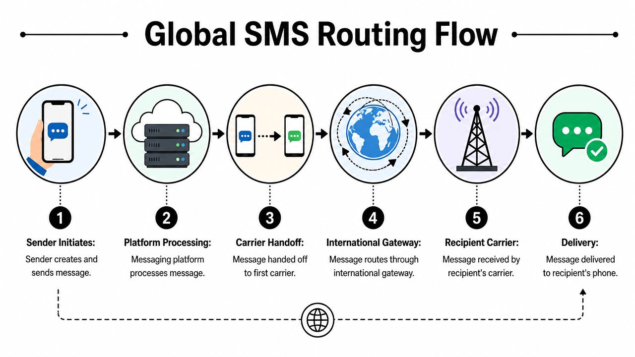 A diagram illustrating the six-step global SMS routing flow from message initiation to final delivery.