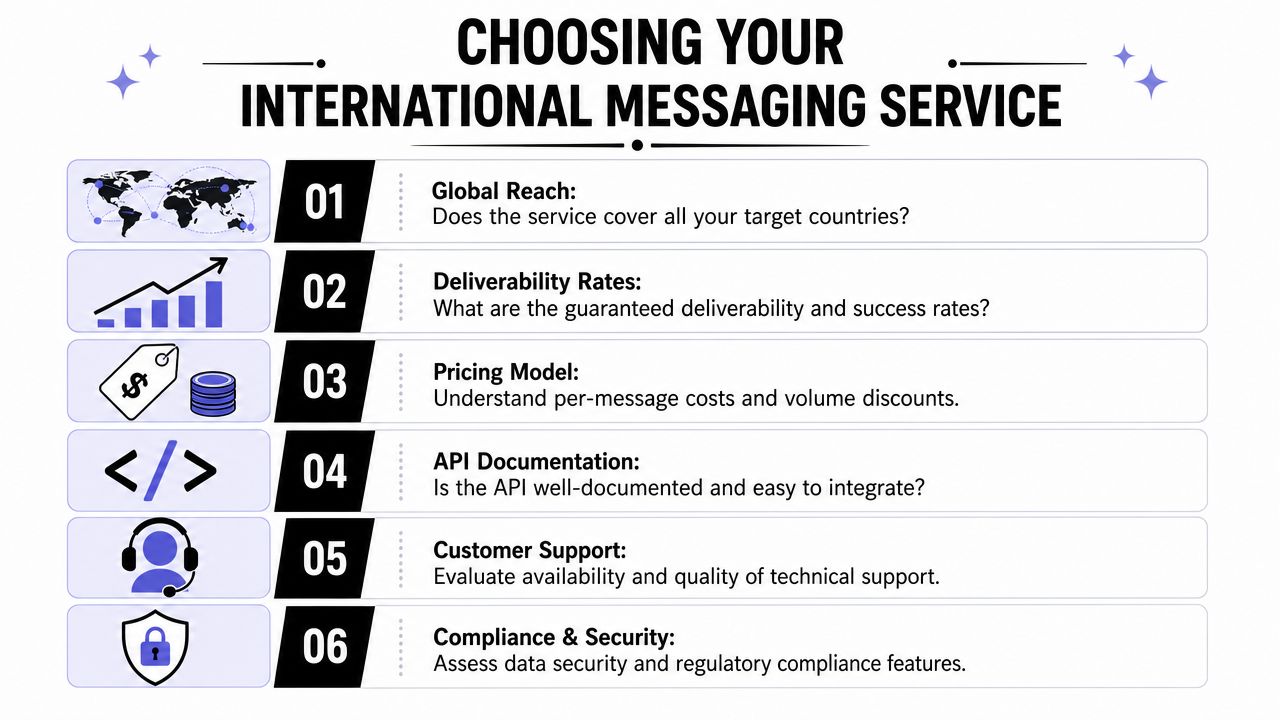 An infographic titled Choosing Your International Messaging Service listing six key factors for selecting a provider.