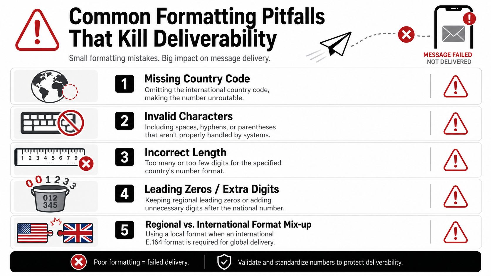 An infographic detailing five common formatting pitfalls for phone numbers that can negatively impact message deliverability.