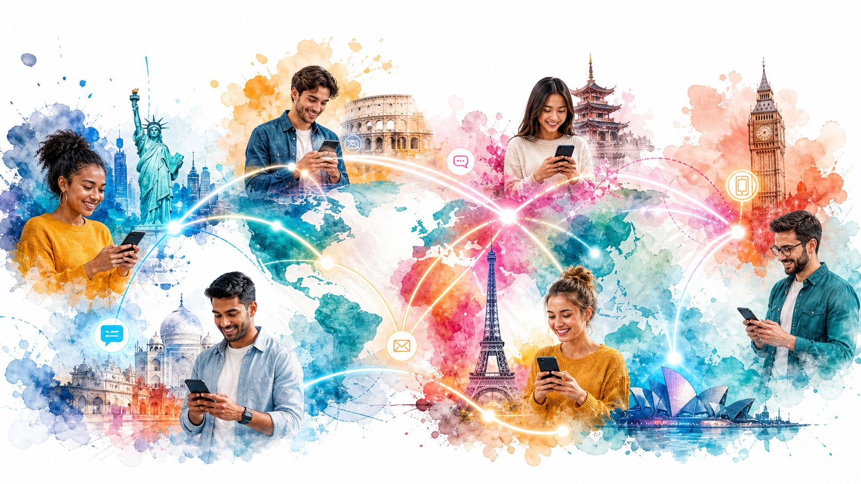 A diverse group of people using smartphones connected by global communication lines over a watercolor world map.