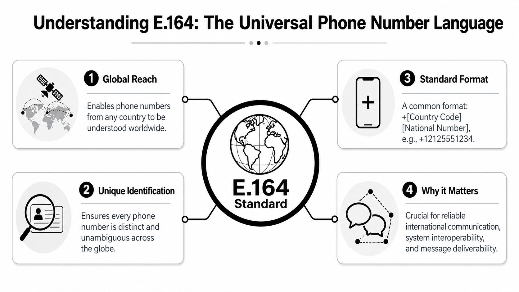 An infographic explaining the E.164 standard for universal phone number formatting and its global communication benefits.