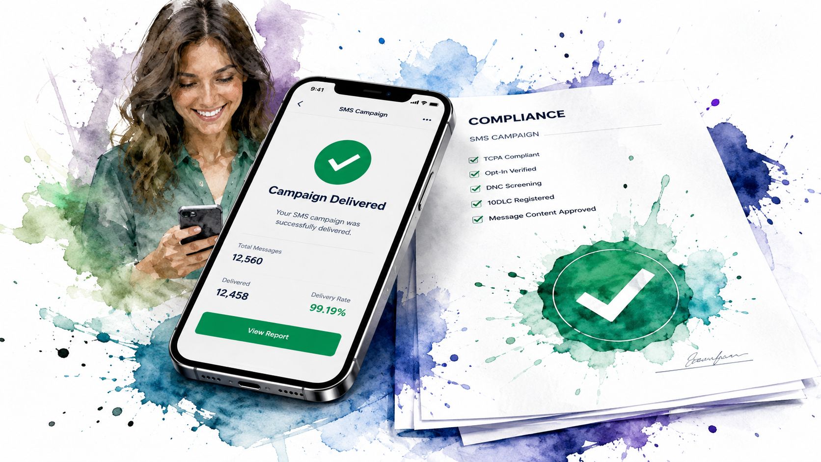 A smartphone showing a successful SMS campaign next to a compliance document, representing legal and deliverable text marketing.