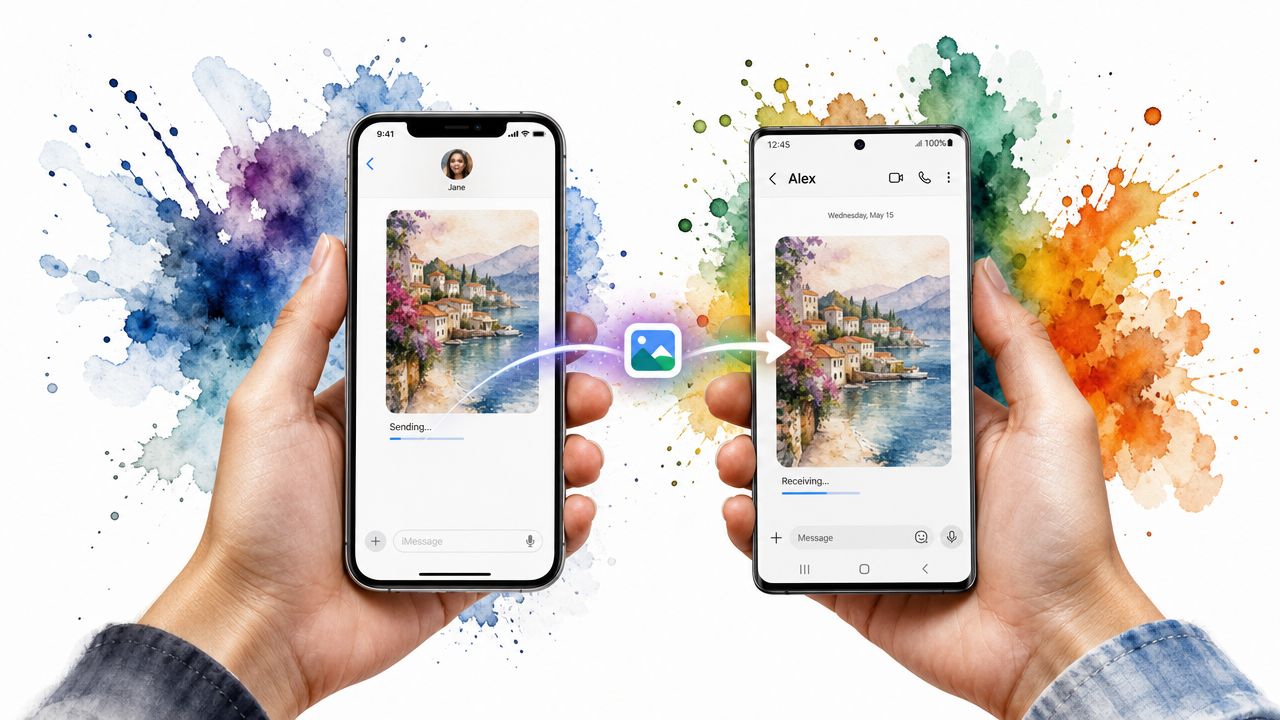 Two different smartphones, one iPhone and one Android, held side-by-side to illustrate sending a picture message between devices.