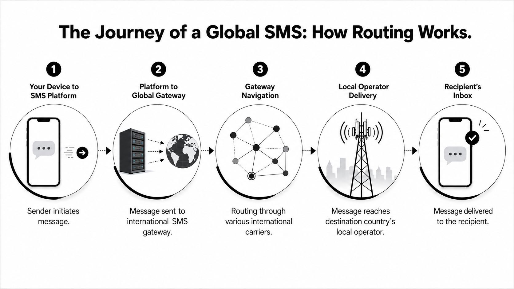 A five-step diagram showing the global SMS routing process from a sender device to the recipient's inbox.