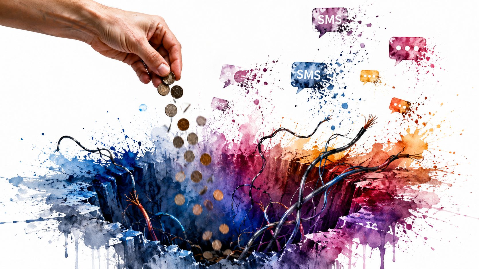 A hand dropping coins into a colorful abyss filled with exposed wiring and floating SMS message bubbles.