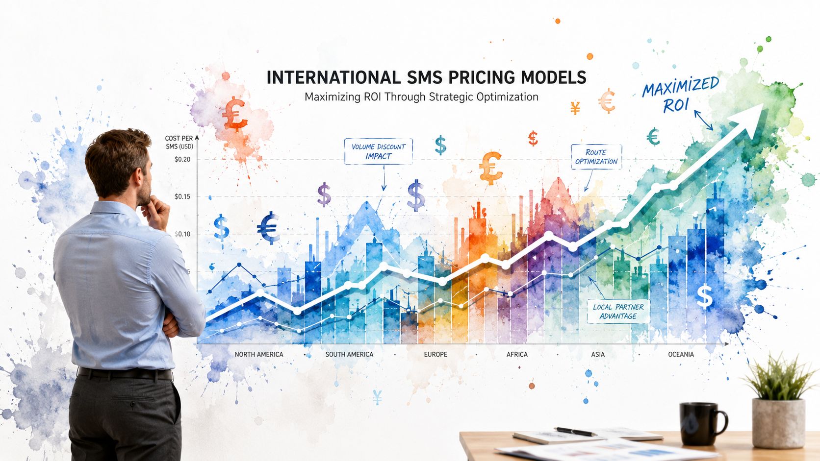 A professional man looking at a colorful chart displaying international SMS pricing models and ROI growth strategies.