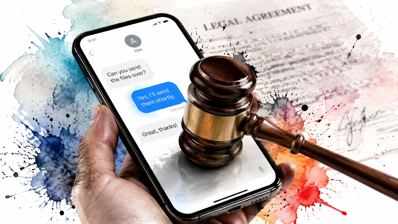A smartphone displaying a text message conversation, with a judge's gavel resting on the screen, symbolizing the use of digital evidence in legal proceedings.
