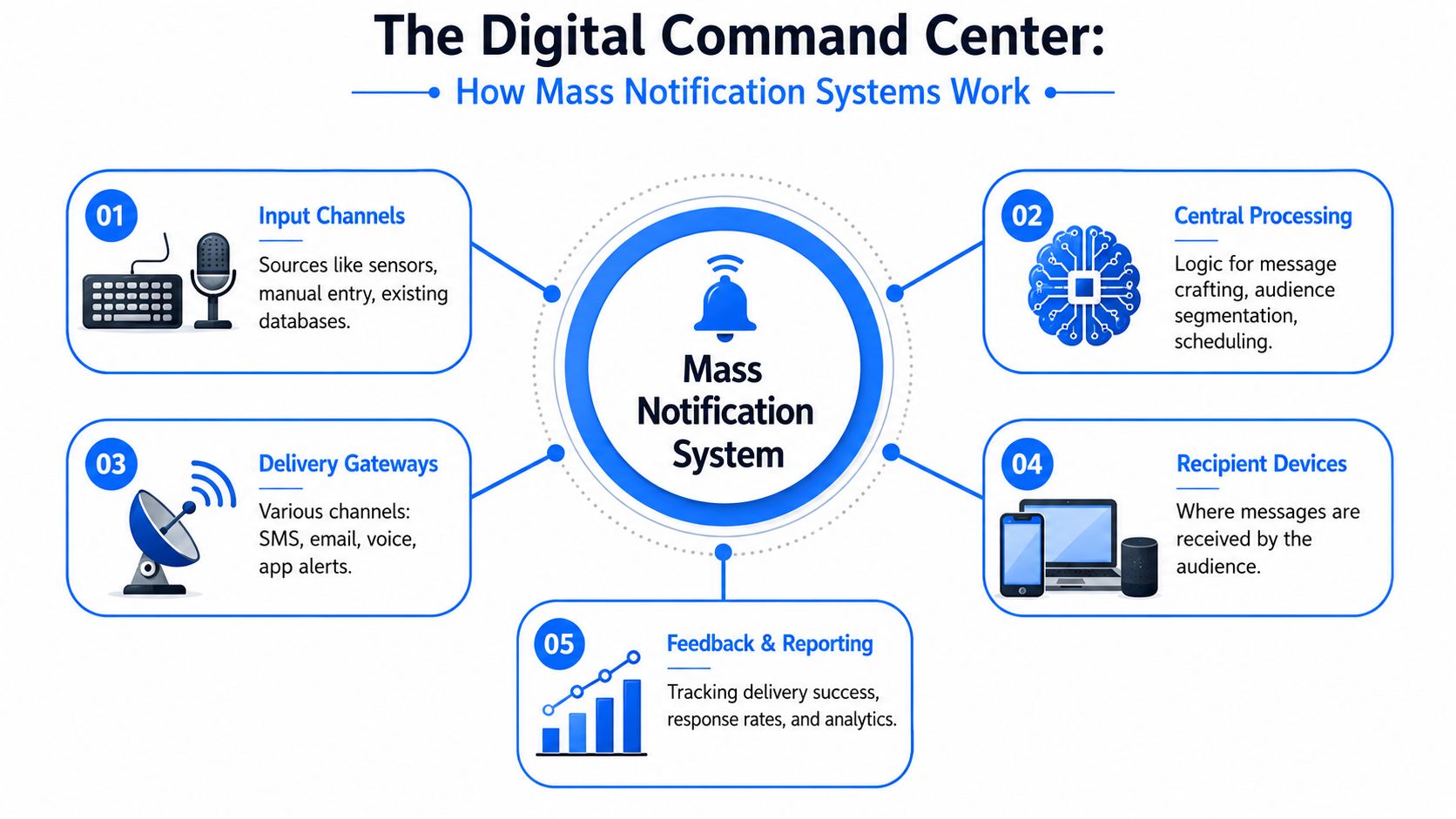 A diagram illustrating the five key operational stages of a digital mass notification system command center.