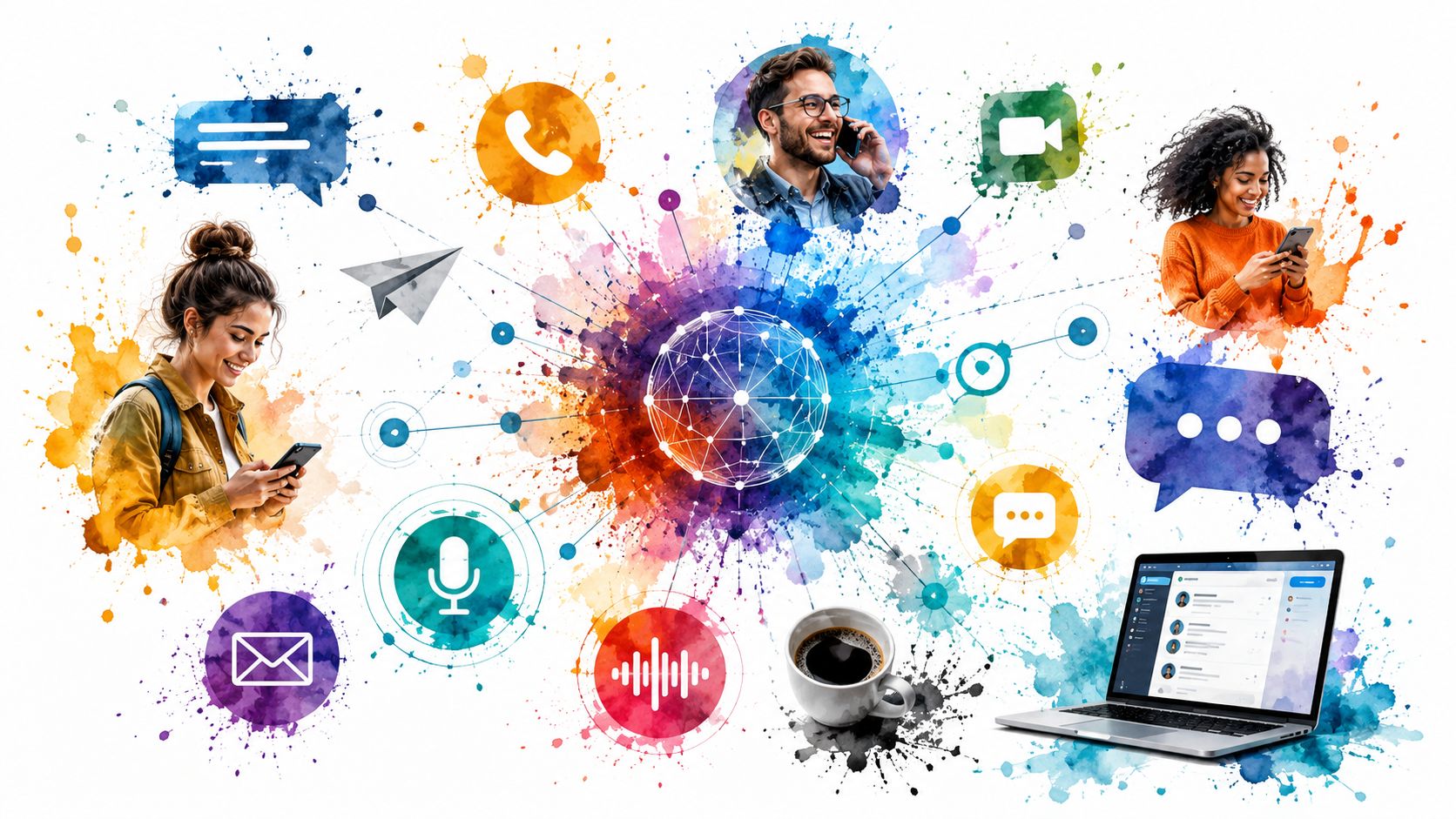 A digital illustration showing diverse people using various communication devices connected to a central data network hub.