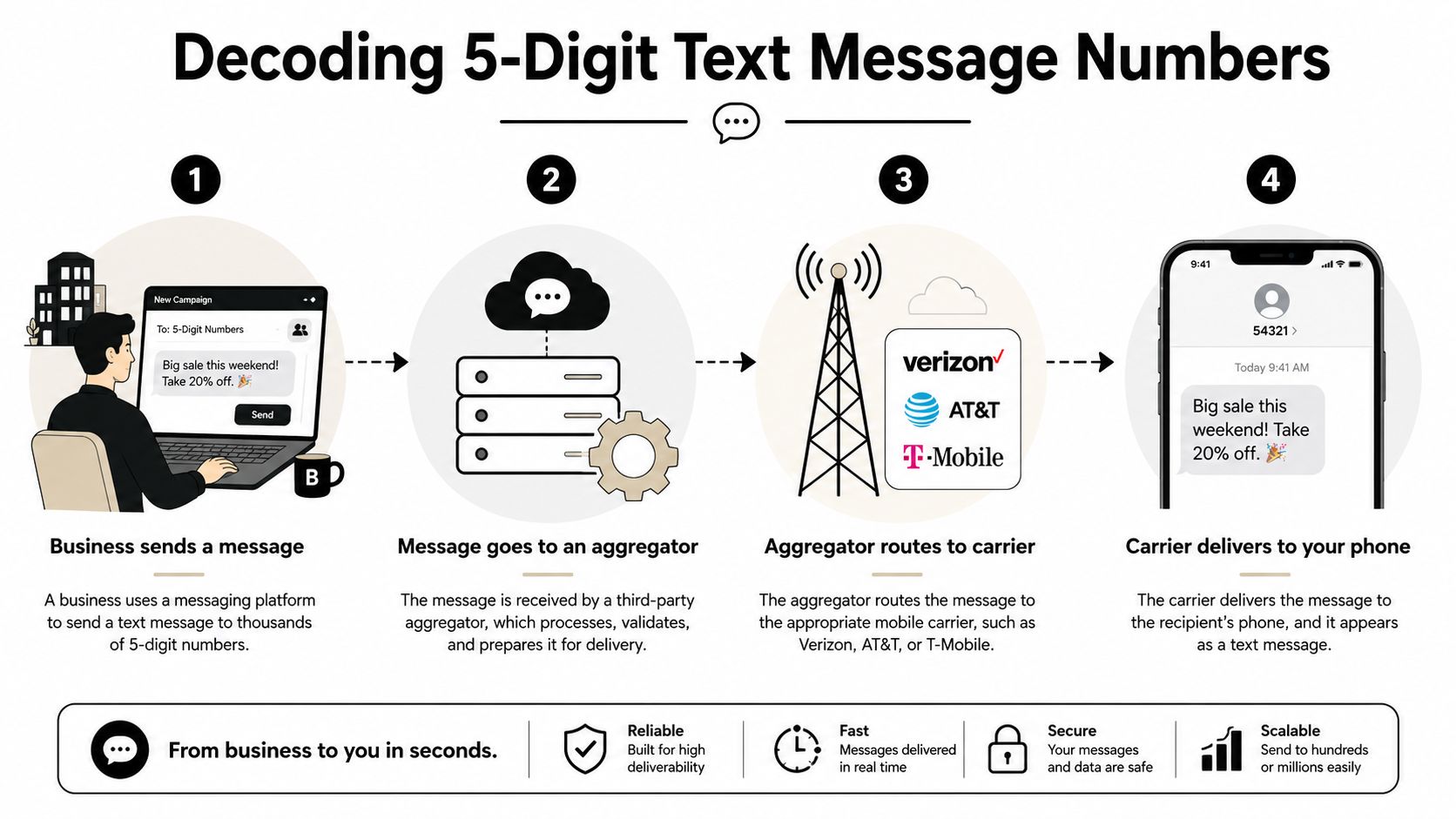 Infographic showing a smartphone texting a short code and receiving an automated reply from a server.